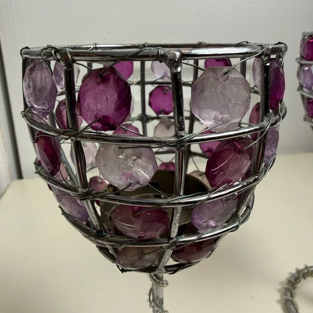 Set of 2 Purple Crystal Beaded Candle Holders Glam Decor